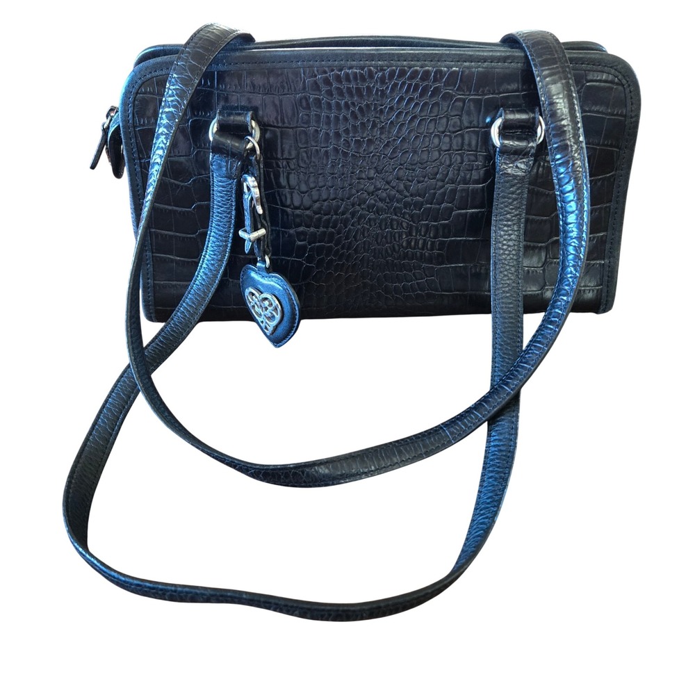 Brighton Vintage Classic Black Leather Croc Embossed Heart Charm Shoulder Bag